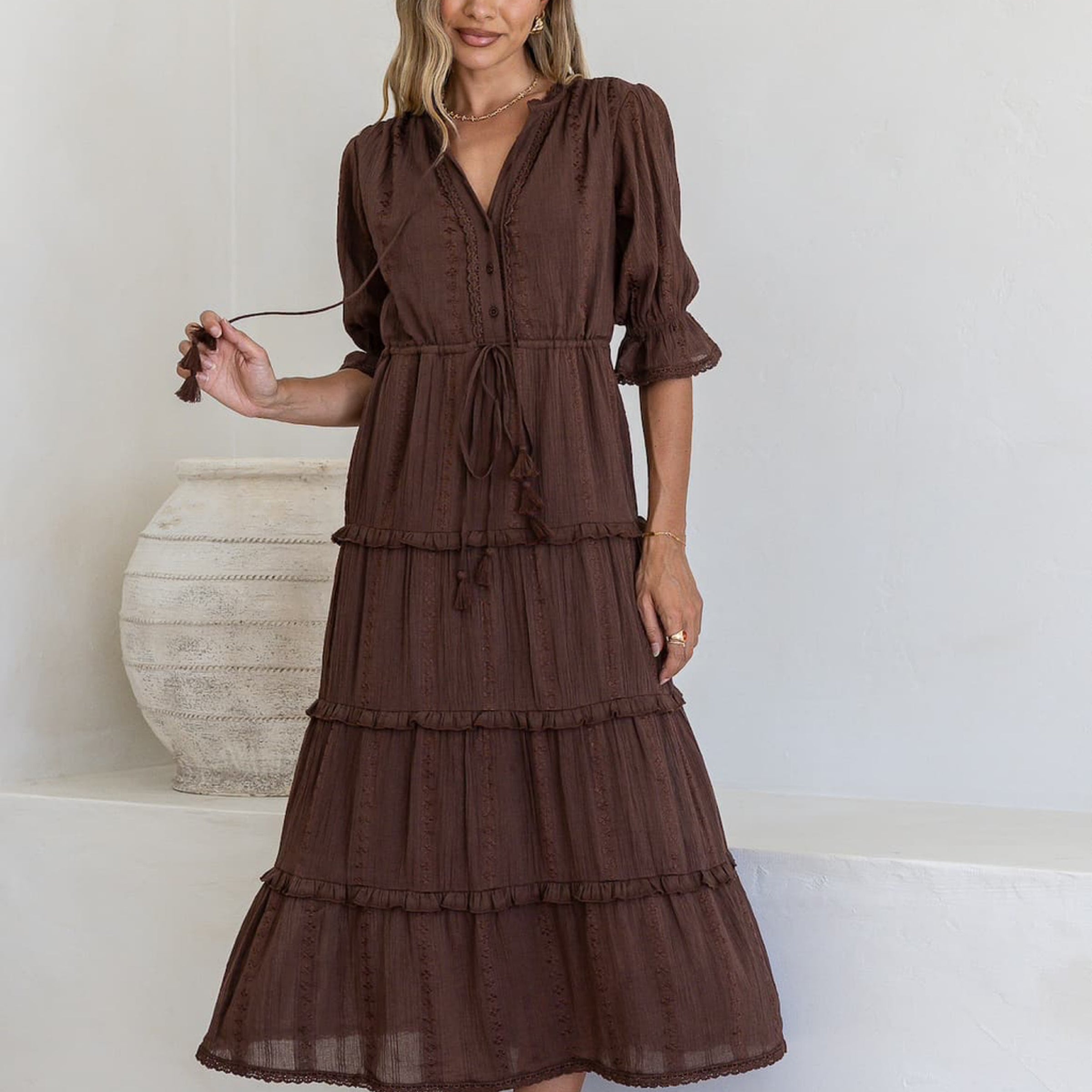 holiday dress Womens Christmas Vintage 1950s Dresses Long Sleeve Swing Party Dresses Xmas Cocktail Dress Party Dress at Amazon Women's Clothing store How to Style Wide game day clothes Color:Brown Polka Dot The belt not only